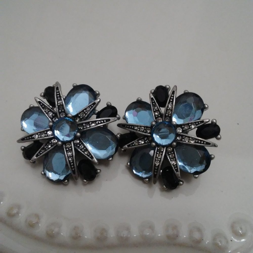 Celestial Marcasite Clip Earrings Blue and Black Vintage
